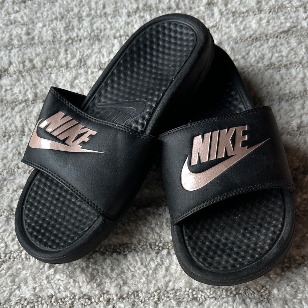 Nike Black Slides with Rose Gold Logo